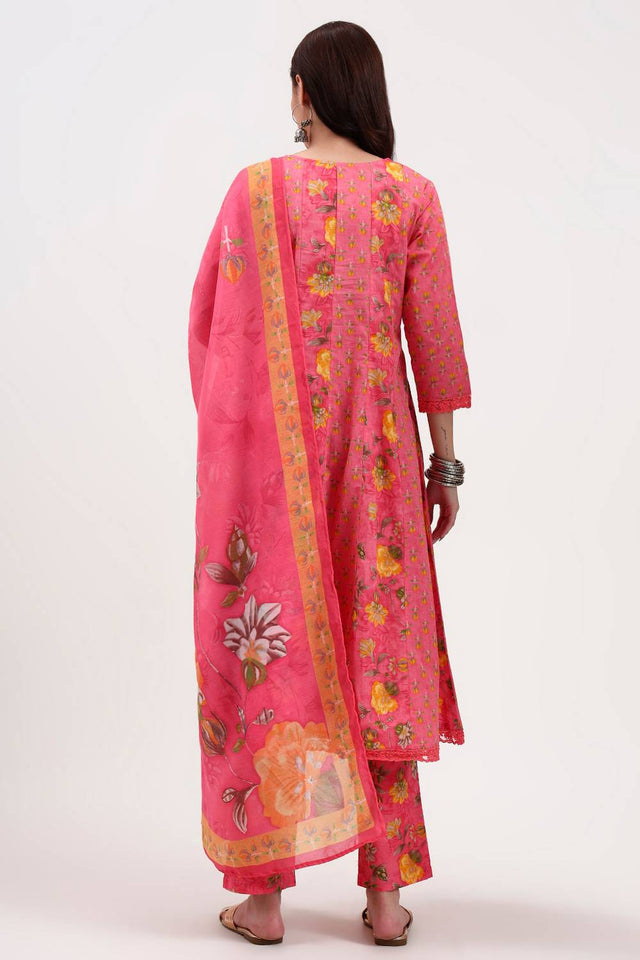 Pink Floral Printed Cotton Anarkali Suit Set