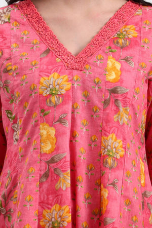 Pink Floral Printed Cotton Anarkali Suit Set