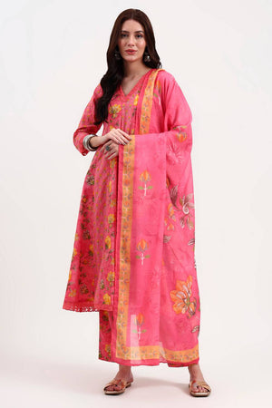 Pink Floral Printed Cotton Anarkali Suit Set