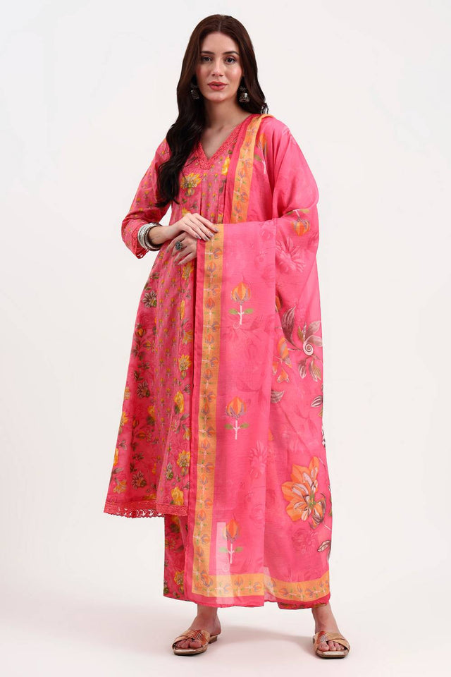 Pink Floral Printed Cotton Anarkali Suit Set