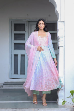 Multi Color Bandhani Printed Georgette Kurti Pant Set (107Bandej)