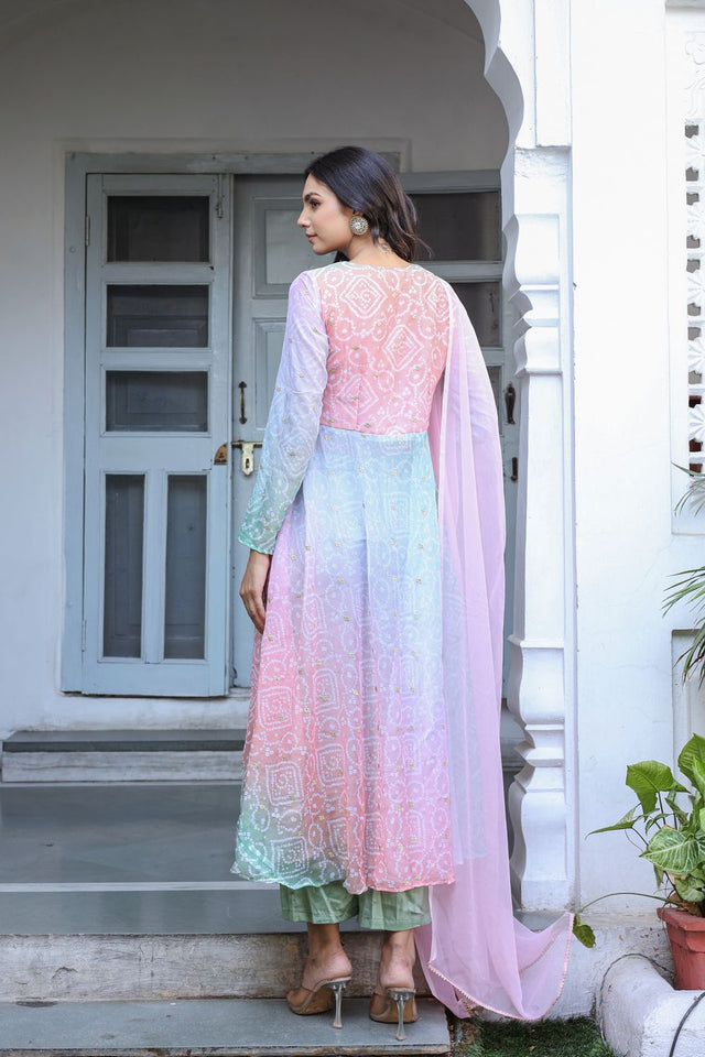 Multi Color Bandhani Printed Georgette Kurti Pant Set (107Bandej)