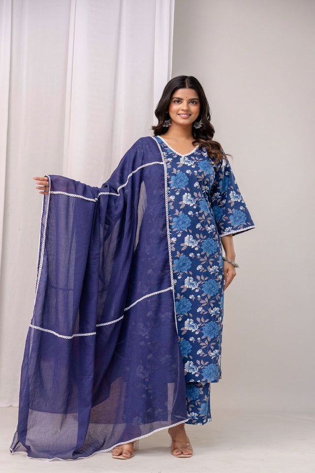 Blue Floral Printed Cotton Kurti Pant Set (108CottonBlue)