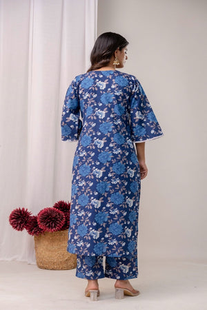 Blue Floral Printed Cotton Kurti Pant Set (108CottonBlue)