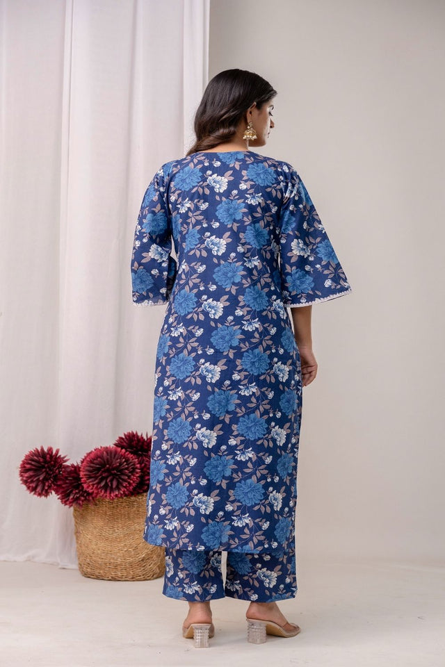 Blue Floral Printed Cotton Kurti Pant Set (108CottonBlue)