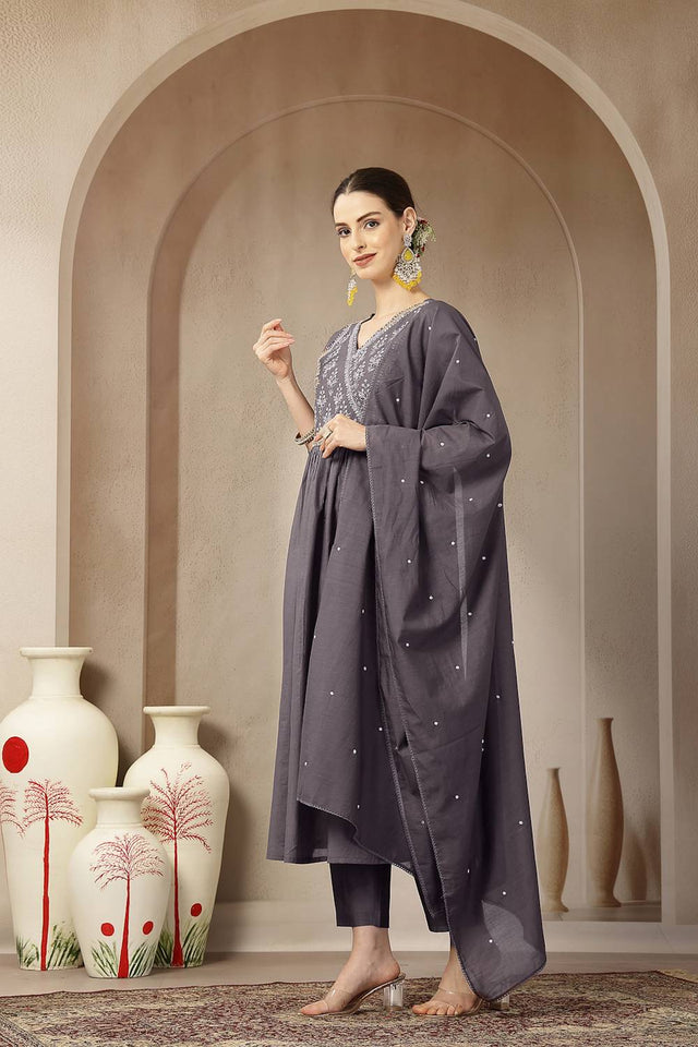 Violet Embroidered Silk Anarkali Suit Set