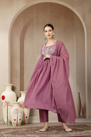 Violet Embroidered Silk Anarkali Suit Set