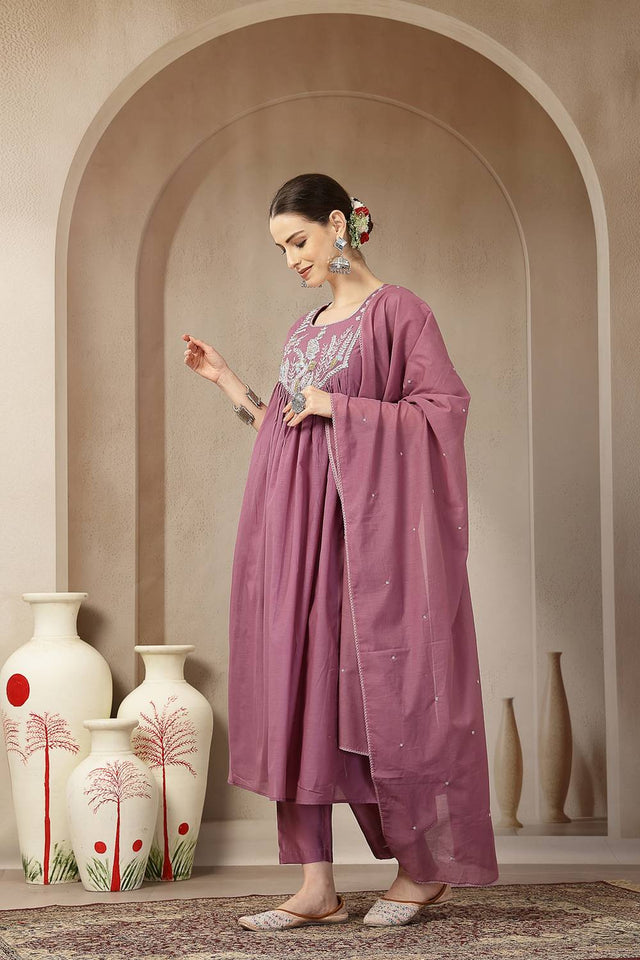 Violet Embroidered Silk Anarkali Suit Set