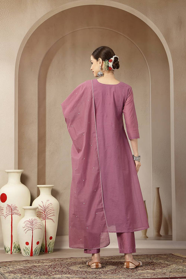 Violet Embroidered Silk Anarkali Suit Set