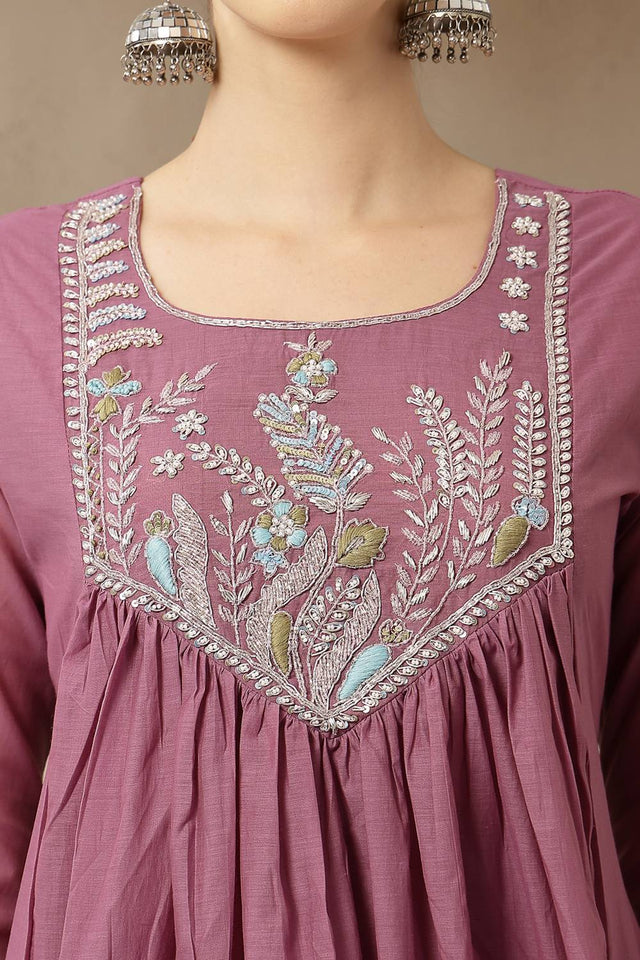 Violet Embroidered Silk Anarkali Suit Set