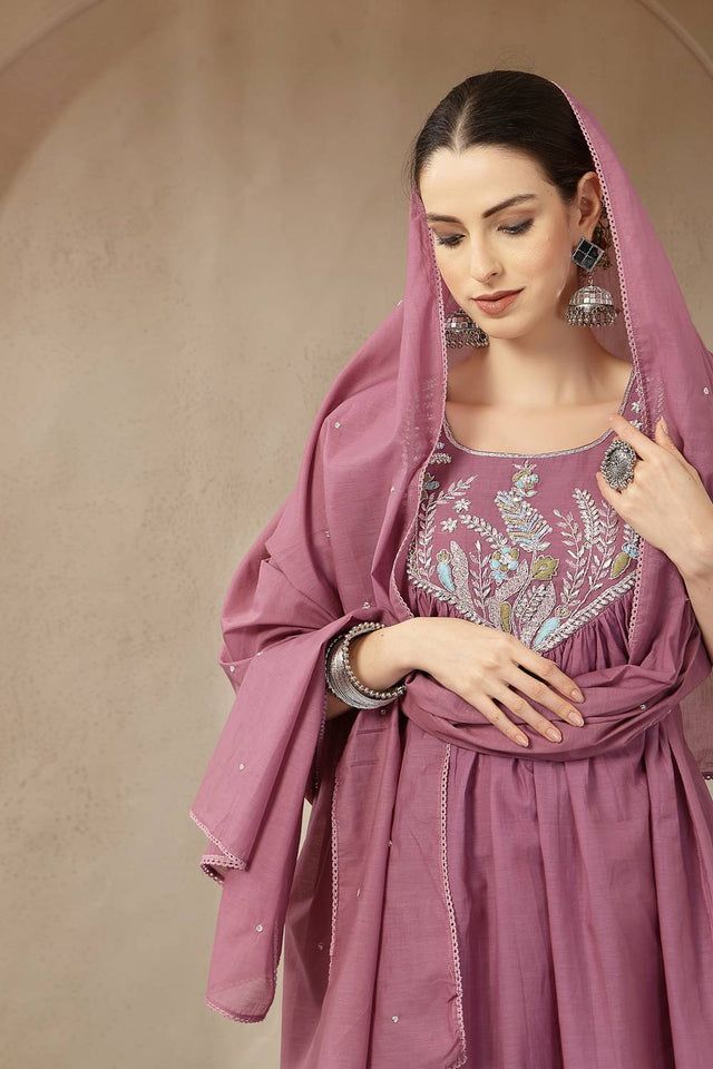 Violet Embroidered Silk Anarkali Suit Set