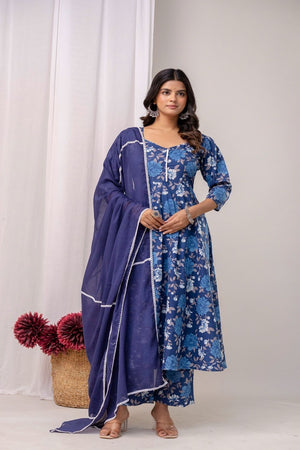 Blue Floral Printed Cotton Kurti Pant Set (109CottonFlare)