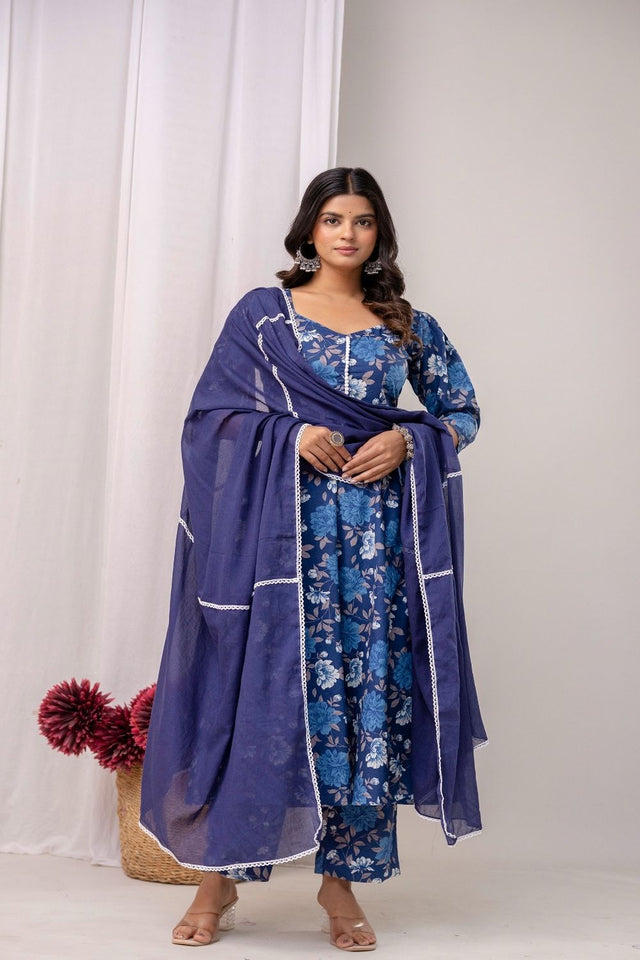 Blue Floral Printed Cotton Kurti Pant Set (109CottonFlare)