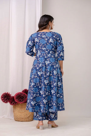 Blue Floral Printed Cotton Kurti Pant Set (109CottonFlare)