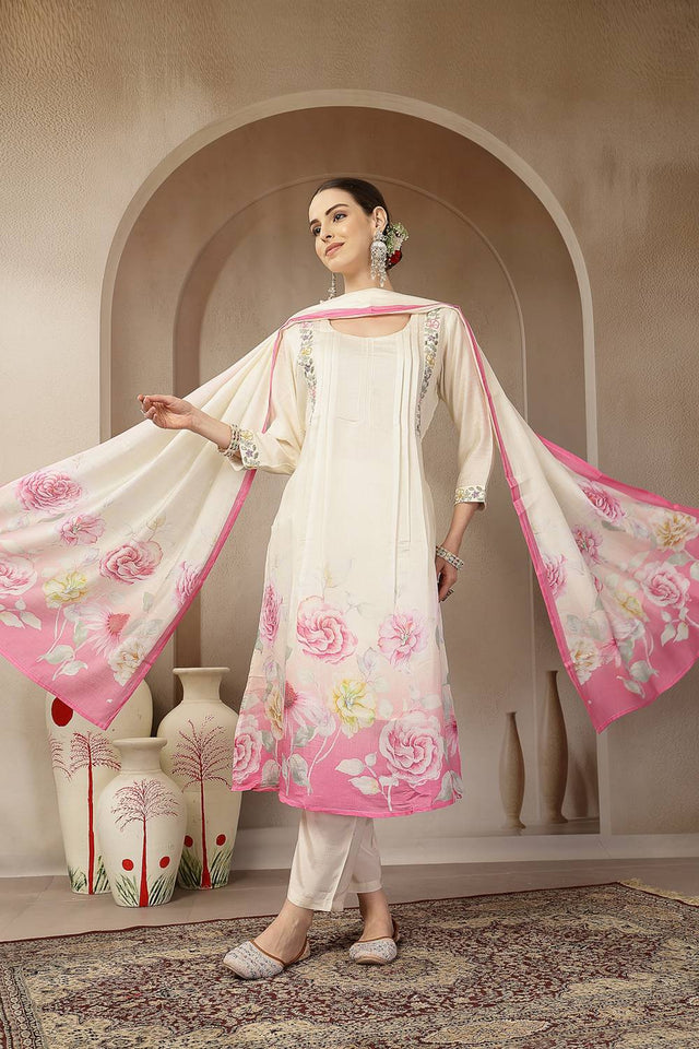 Multi Color Floral Printed Silk Straight Cut Suit Set