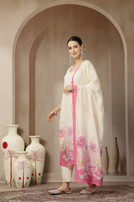 Multi Color Floral Printed Silk Straight Cut Suit Set