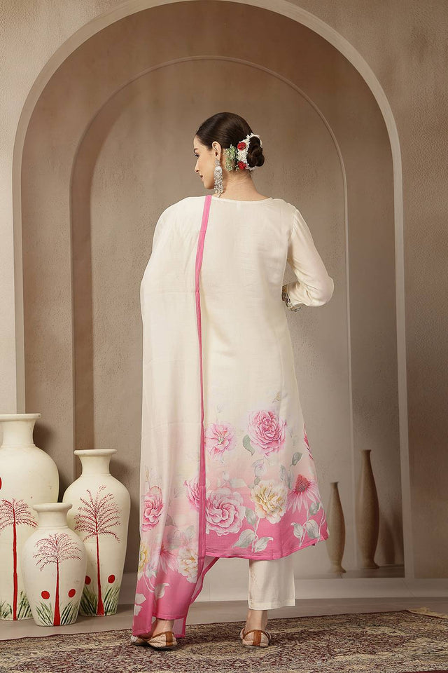 Multi Color Floral Printed Silk Straight Cut Suit Set