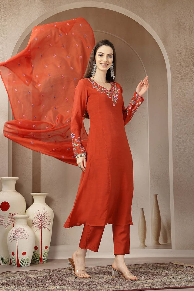 Rust Embroidered Silk Anarkali Suit Set