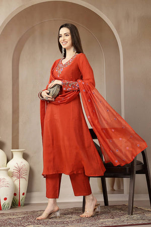 Rust Embroidered Silk Anarkali Suit Set