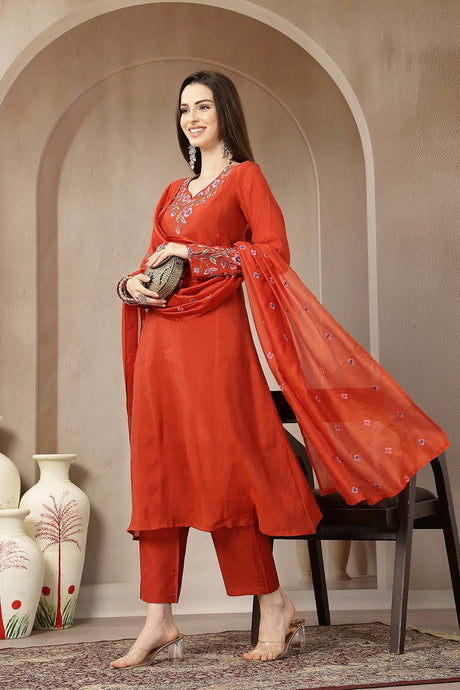 Rust Embroidered Silk Anarkali Suit Set