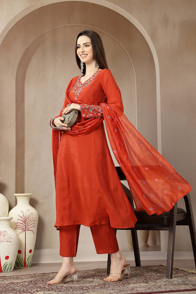 Rust Embroidered Silk Anarkali Suit Set