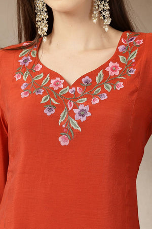 Rust Embroidered Silk Anarkali Suit Set