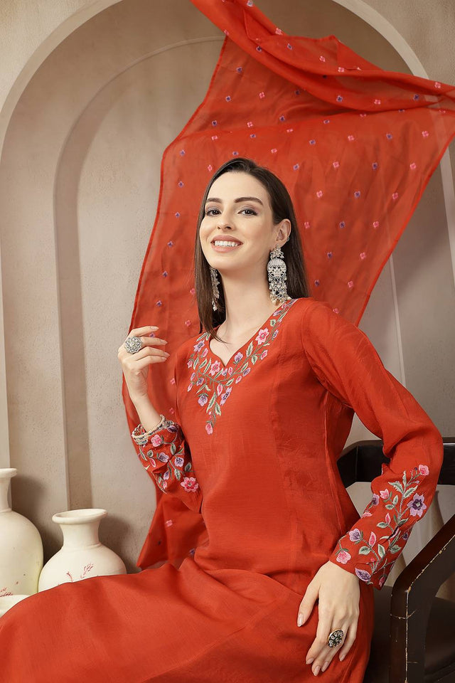 Rust Embroidered Silk Anarkali Suit Set