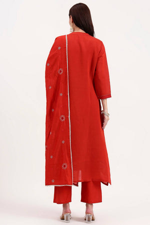 Rust Embroidered Chanderi Anarkali Suit Set