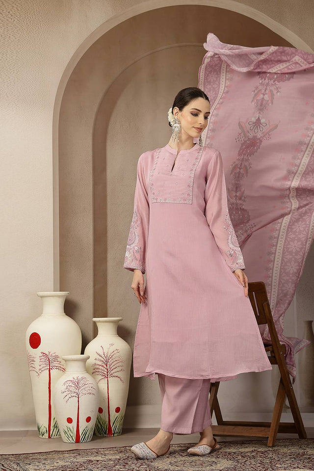 Pink Embroidered Silk Straight Cut Suit Set