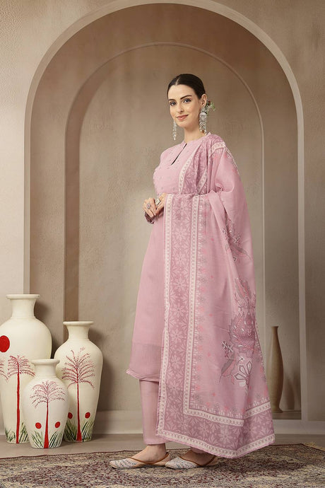 Pink Embroidered Silk Straight Cut Suit Set
