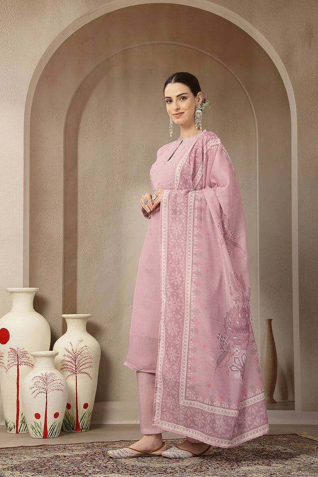 Pink Embroidered Silk Straight Cut Suit Set