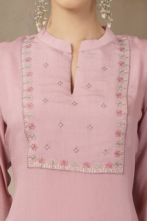 Pink Embroidered Silk Straight Cut Suit Set