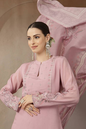Pink Embroidered Silk Straight Cut Suit Set