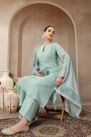 Turquoise Embroidered Silk Straight Cut Suit Set