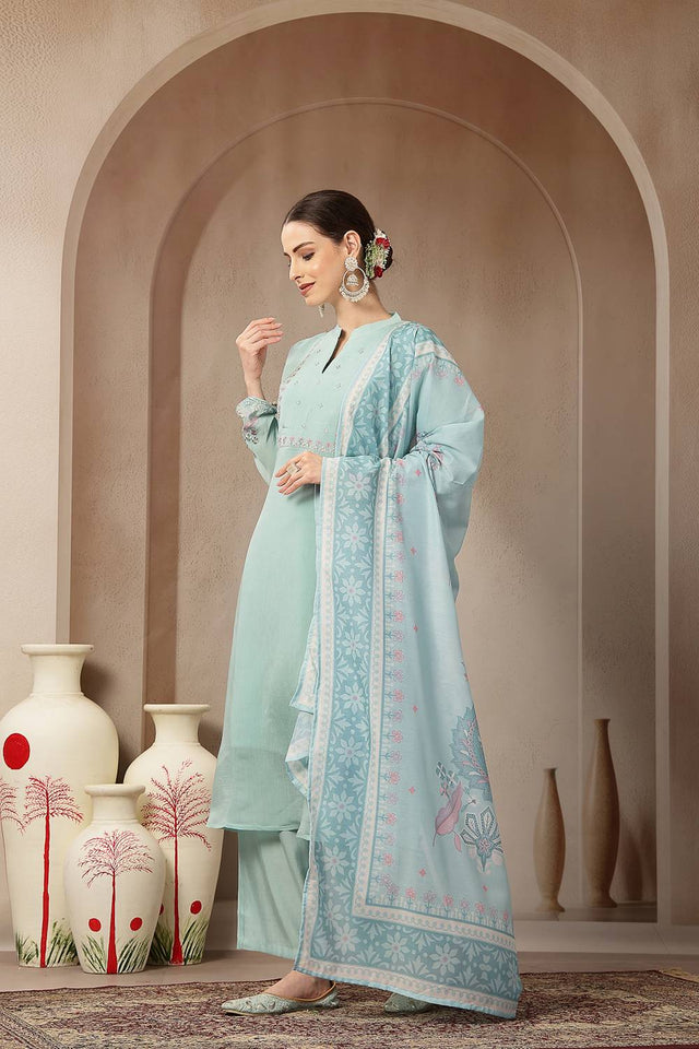 Turquoise Embroidered Silk Straight Cut Suit Set