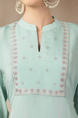 Turquoise Embroidered Silk Straight Cut Suit Set