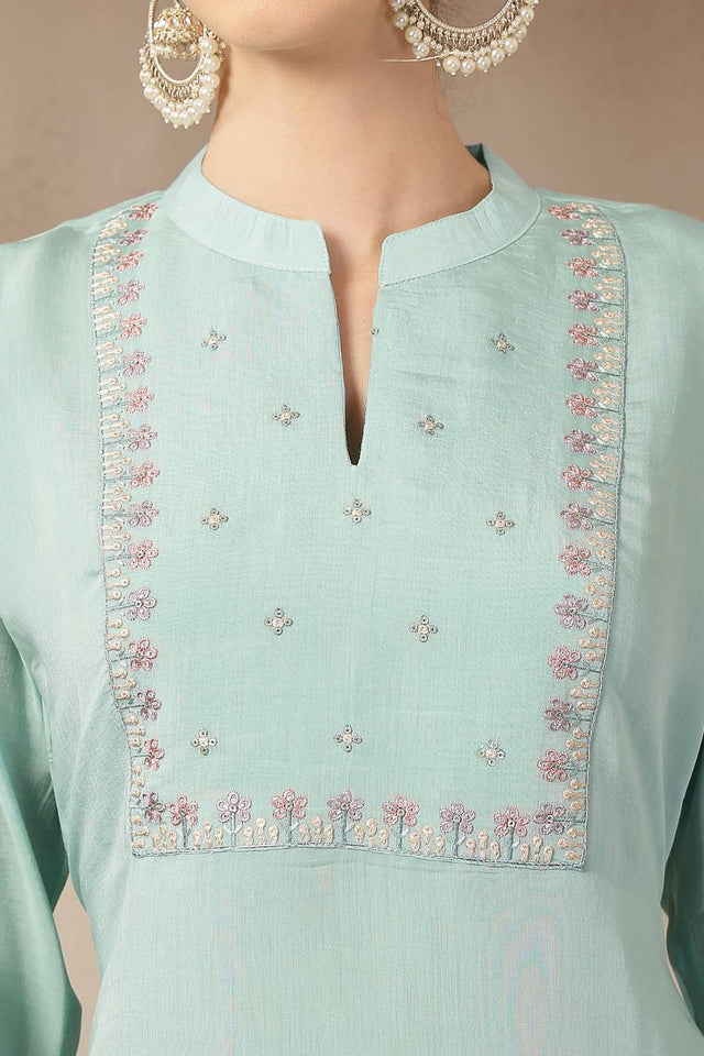 Turquoise Embroidered Silk Straight Cut Suit Set