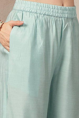 Turquoise Embroidered Silk Straight Cut Suit Set