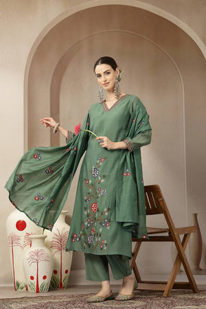Green Embroidered Silk Straight Cut Suit Set