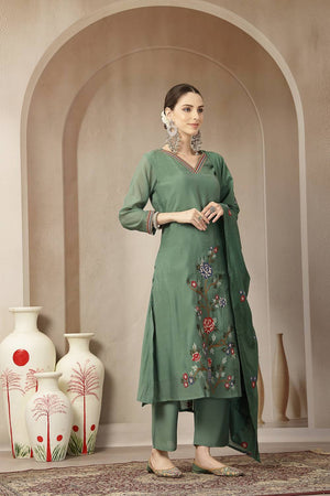 Green Embroidered Silk Straight Cut Suit Set