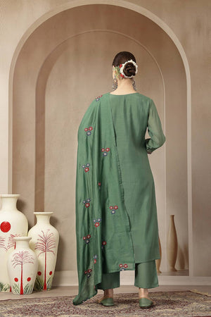 Green Embroidered Silk Straight Cut Suit Set