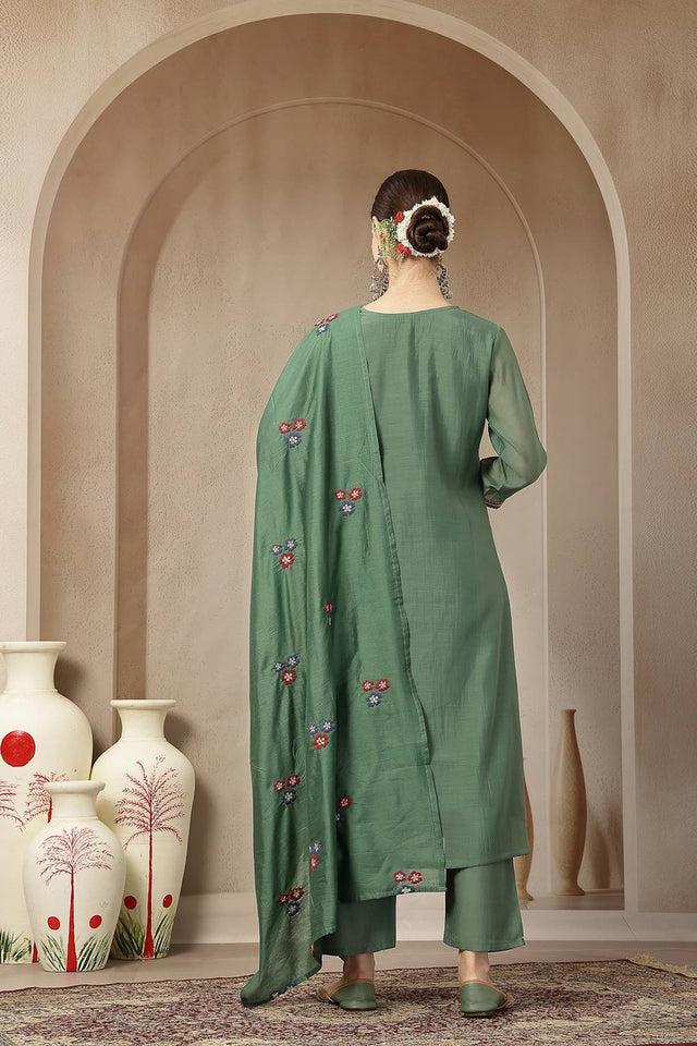 Green Embroidered Silk Straight Cut Suit Set