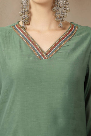 Green Embroidered Silk Straight Cut Suit Set