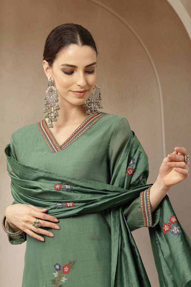 Green Embroidered Silk Straight Cut Suit Set