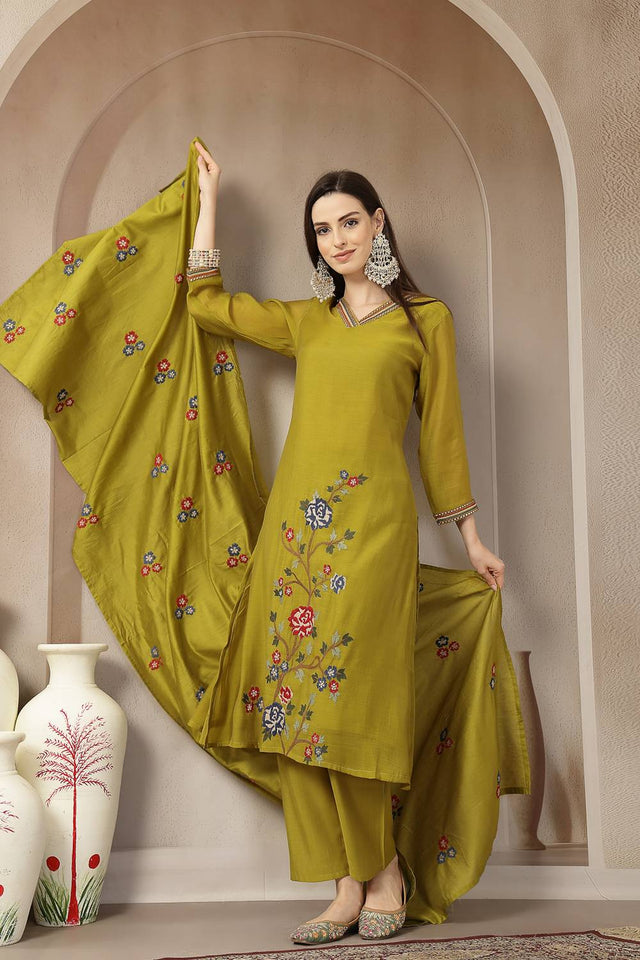 Green Embroidered Silk Straight Cut Suit Set