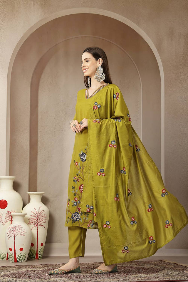Green Embroidered Silk Straight Cut Suit Set