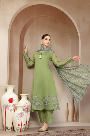 Green Embroidered Silk Straight Cut Suit Set