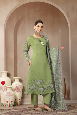 Green Embroidered Silk Straight Cut Suit Set