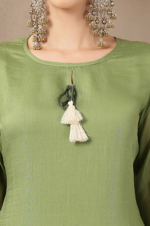 Green Embroidered Silk Straight Cut Suit Set