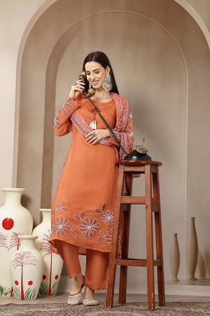 Rust Embroidered Silk Straight Cut Suit Set